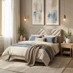 ŁÓŻKO TAPICEROWANE NA NÓŻKACH Z POJEMNIKIEM NA POŚCIEL SENtique 180x200